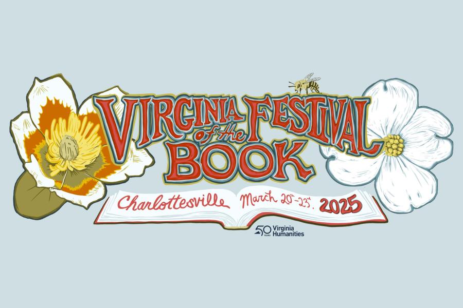 Illustration of an open book with Dogwood flowers and decorative text saying Virginia Festival of the Book.