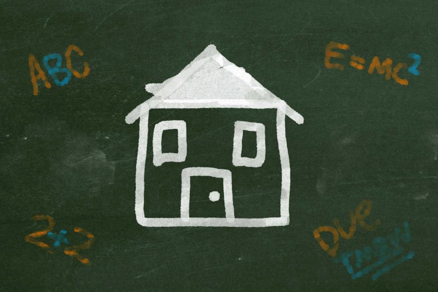 illustration of a blackboard with a child's drawing of a house, letters, and equations written around it.