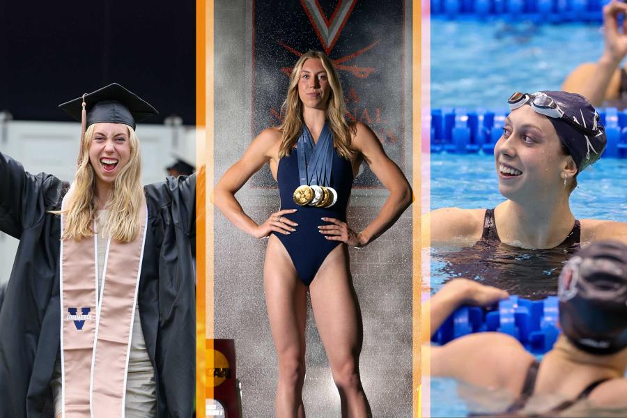 A collage portrait of Gretchen Walsh in celebration of her graduation, showing her in a swimsuit with medals and in the pool.