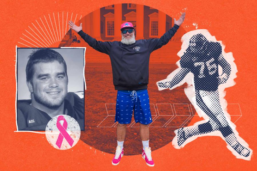 Candid portrait of UVA football alumnus Zac Yarbrough stands in front of the Rotunda during a visit to Grounds.