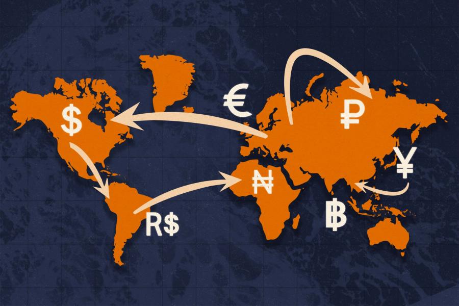 Portrait of a world map with the currency symbols of each country placed on their respective maps, with multiple arrows pointing to each symbol.