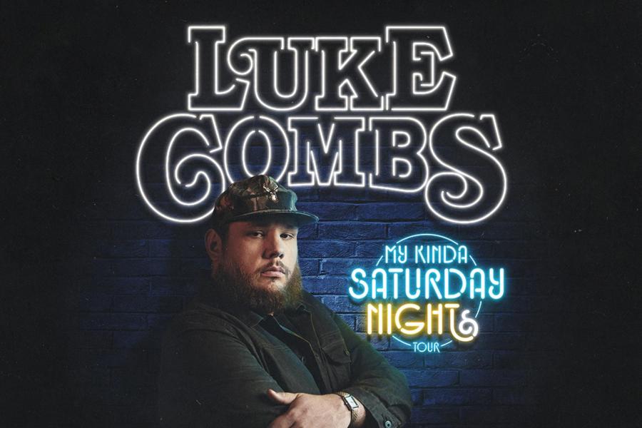 Portrait of Luke Combs overlaying text advertising his “My Kinda Saturday Night” tour