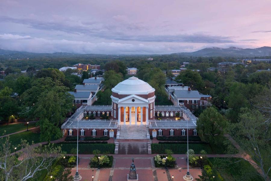 Aerial of the Rotunda and Lawn at dusk