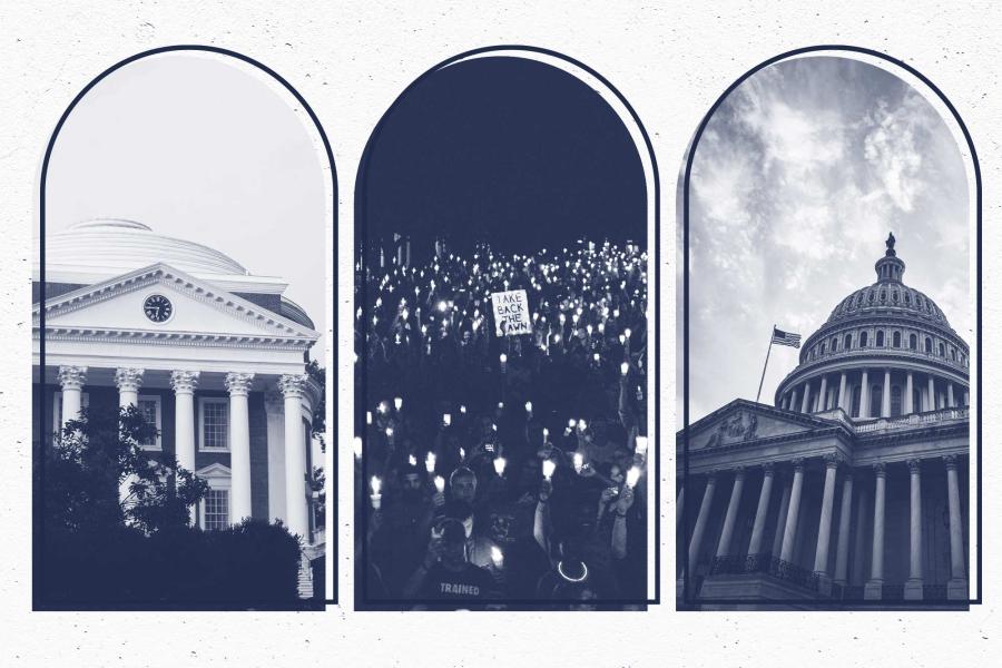 The UVA Rotunda, a candle-lit vigil, and the U.S. capitol building