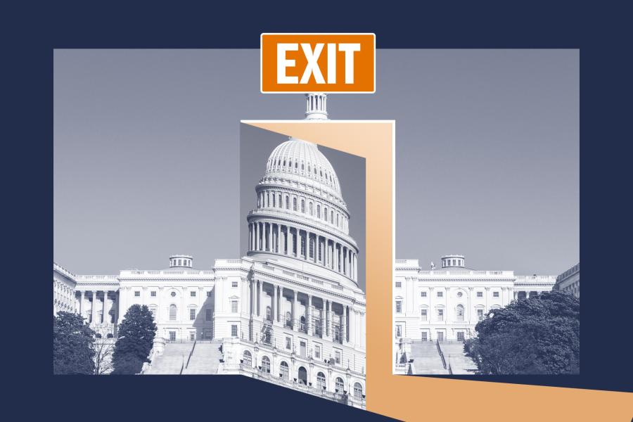 An image of the White House with an exit graphic overlayed on top