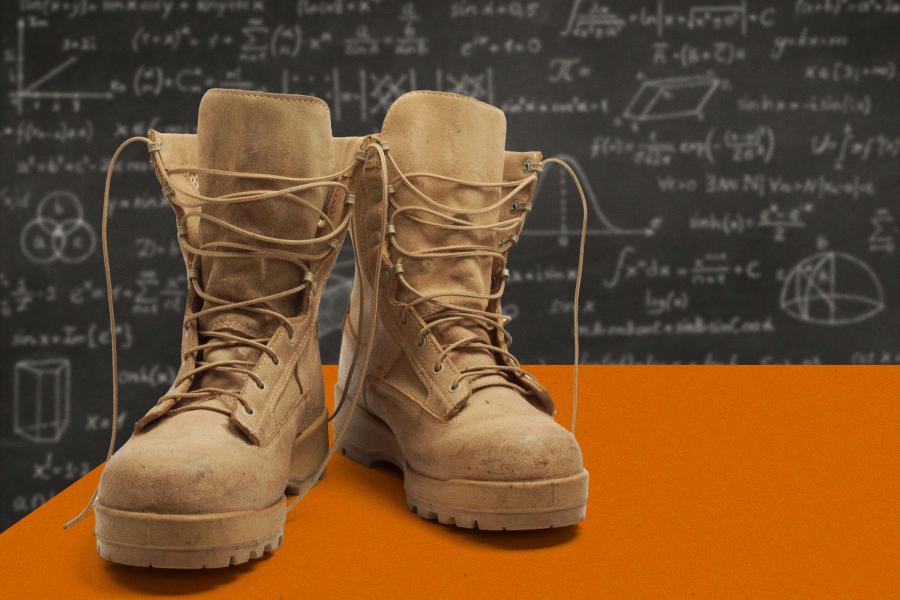 Illustration of boots on an orange background with a math formula.