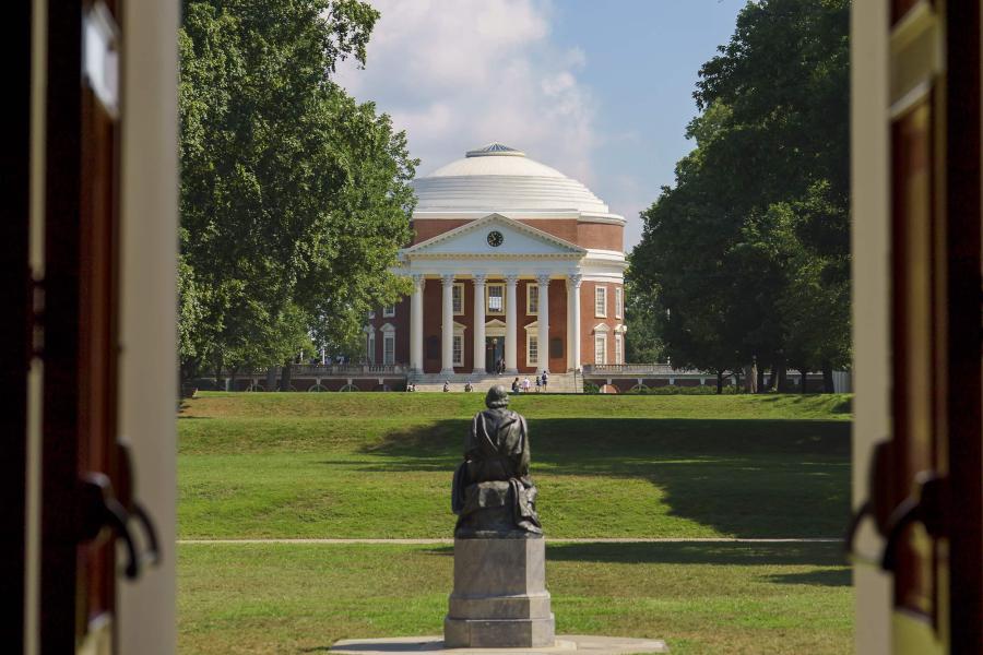 A view through the doors of Old Cabell Hall across the Lawn to the Rotunda