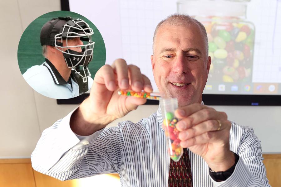 Brian Helmke working with test tubes with a small over layed image of Helmke wearing an umpire's mask