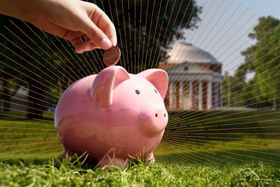 Illustration of a hand inserting a coin into a piggy bank.