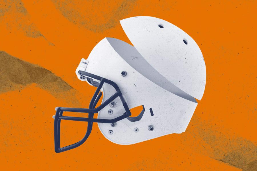 A football helmet on an orange background