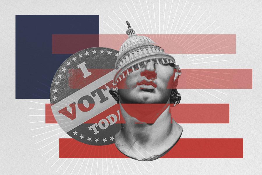 A graphic design of an American flag, and I Voted button, the top of the capital 