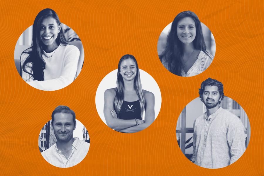 five UVA Alums collaged on an orange wavy backdrop