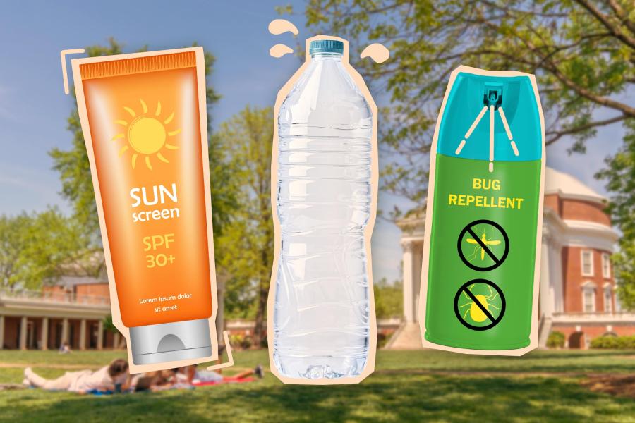 Illustration showing essential summer items: a water bottle, sunscreen, and insect repellent.