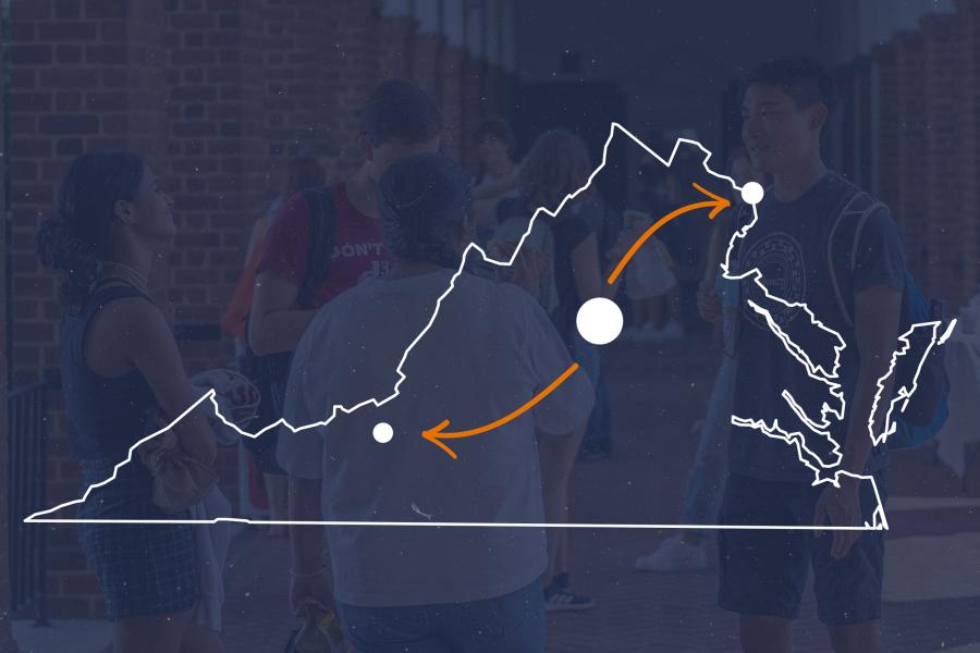 An overlay of Virginia over a photo of students