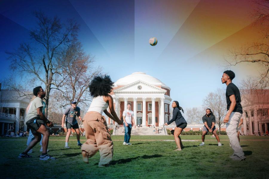 Students playing a game together outside on the Lawn.