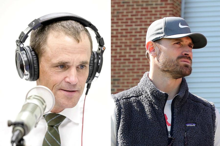President Jim Ryan on the left with headphones and podcast mic in frame and a portrait of podcast guest Chris Long on the right