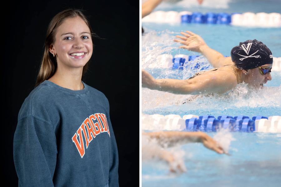 Left, a headshot of Kate Douglas, right, an action shot of Kate swimming