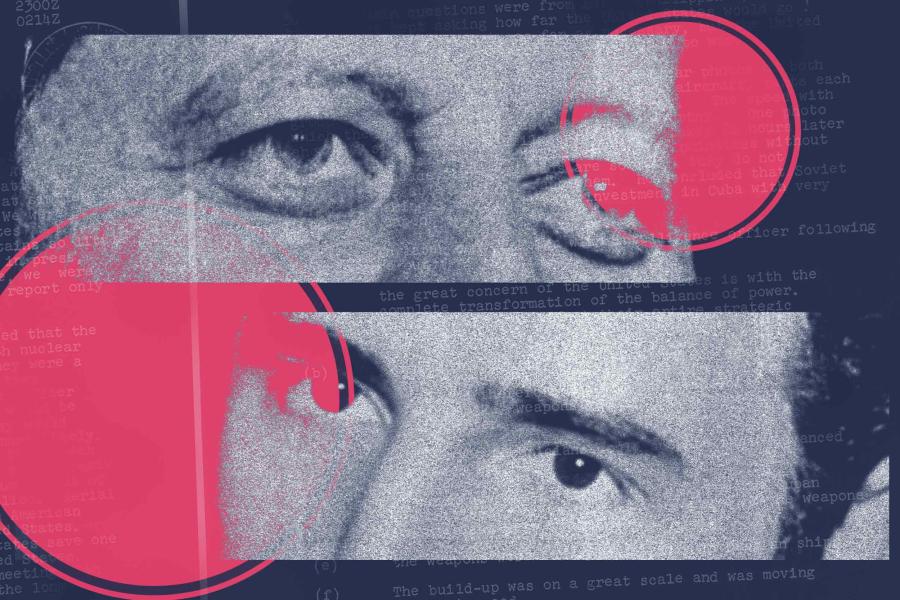 Close up shots of Kennedy and Castro's eyes with a pink and blue graphic overlay
