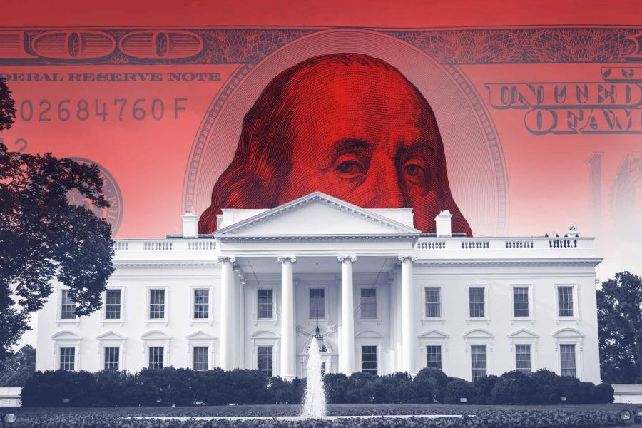 A dollar bill behind the White House that is highlighted in red