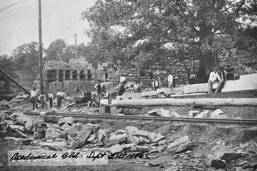 An old photograph of the rail line is clearly visible in this Sept. 21, 1896, photo of the construction of Old Cabell Hall.
