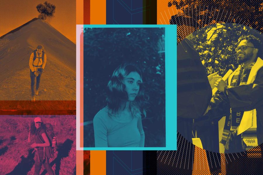 Collage of photos of UVA students and branded color illustrations