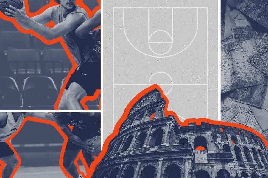 Basketball players on the court, the Roman Coliseum, vintage maps and books