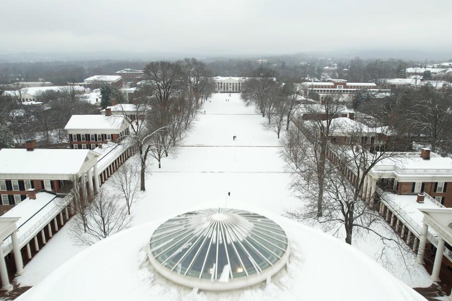 An aerial view of the snow covered Lawn from overtop the Rotunda 