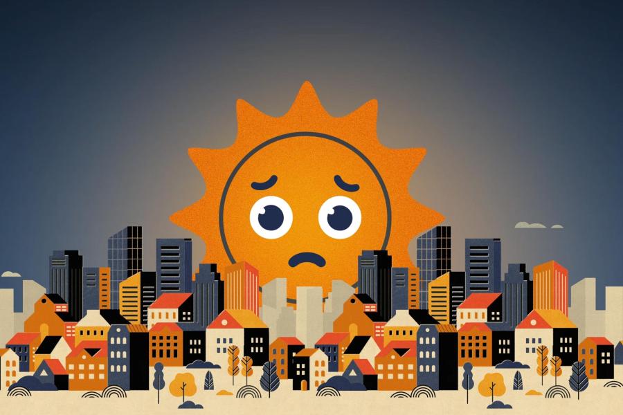 illustration of a personified sun looking worried rising over a city skyline