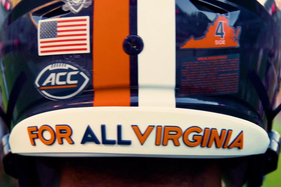 Back of UVA Football Helmet reads For All Virginia