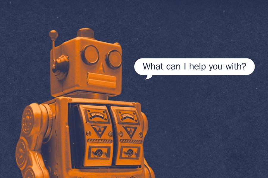 Retro robot saying ‘What can I help you with?’
