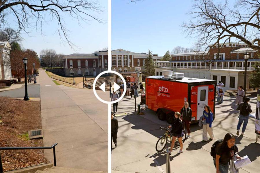 An image divided in half, depicting McIntire Amphitheater when students are on Grounds and when they are not