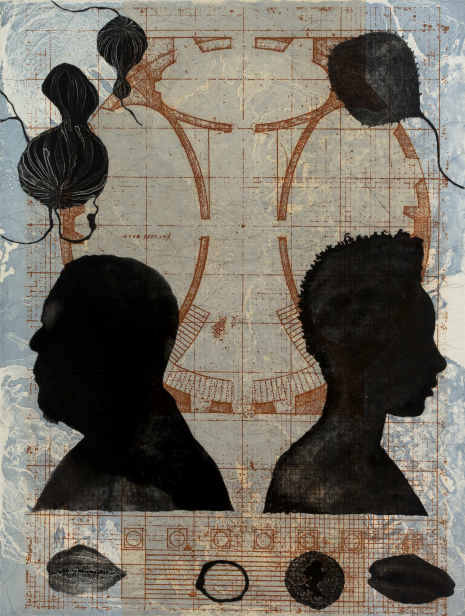experimental beds #1 (2012) by Judy Watson; 3-plate etching with chine collé; architectural drawing is of The Rotunda, First Floor Plan.