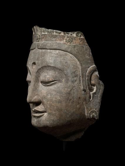 Head of a Bodhisattva. Northern Qi dynasty (550–577), China. Limestone with traces of pigment. Courtesy of Columbia University in the City of New York, University Art Collection, Sackler Collections, S0288