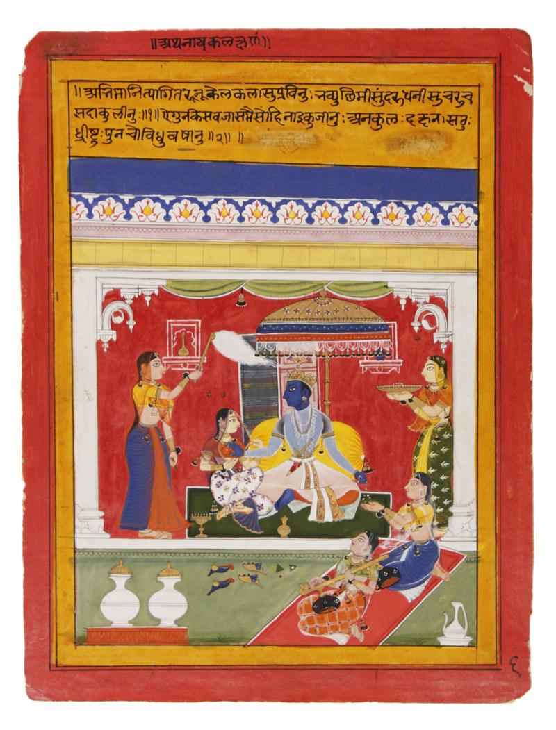 Leaf from the “Rasikapriya” of Keshav Das, “Krishna as the Hidden, Deceitful Lover.” Ascribed to Mahmud, son of Murad Bikaner, dated VS 1886/1749 CE. Opaque color, gold, and silver on paper. Gift of Neville and Donna Mobarakai.