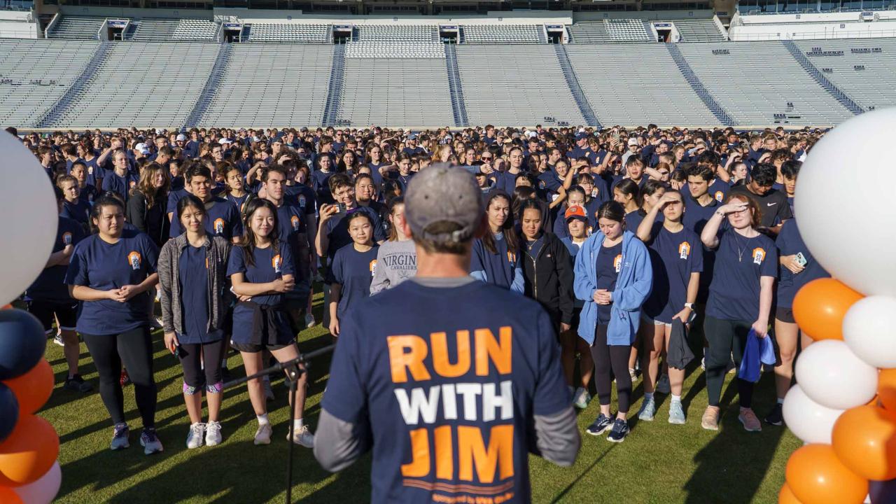 Portrait of President Jim Ryan as he addresses the large crowd during the Run With Jim event.
