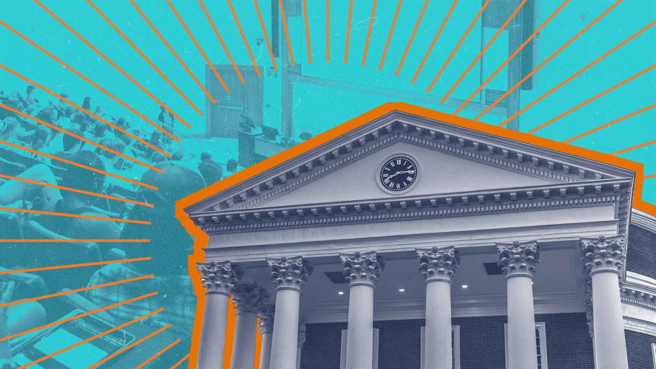 Collage of the Rotunda, classrooms, and branded illustrations