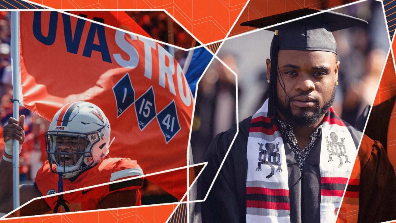 Collage of photos and illustrations of Mike Hollins in his football uniform and his cap and gown