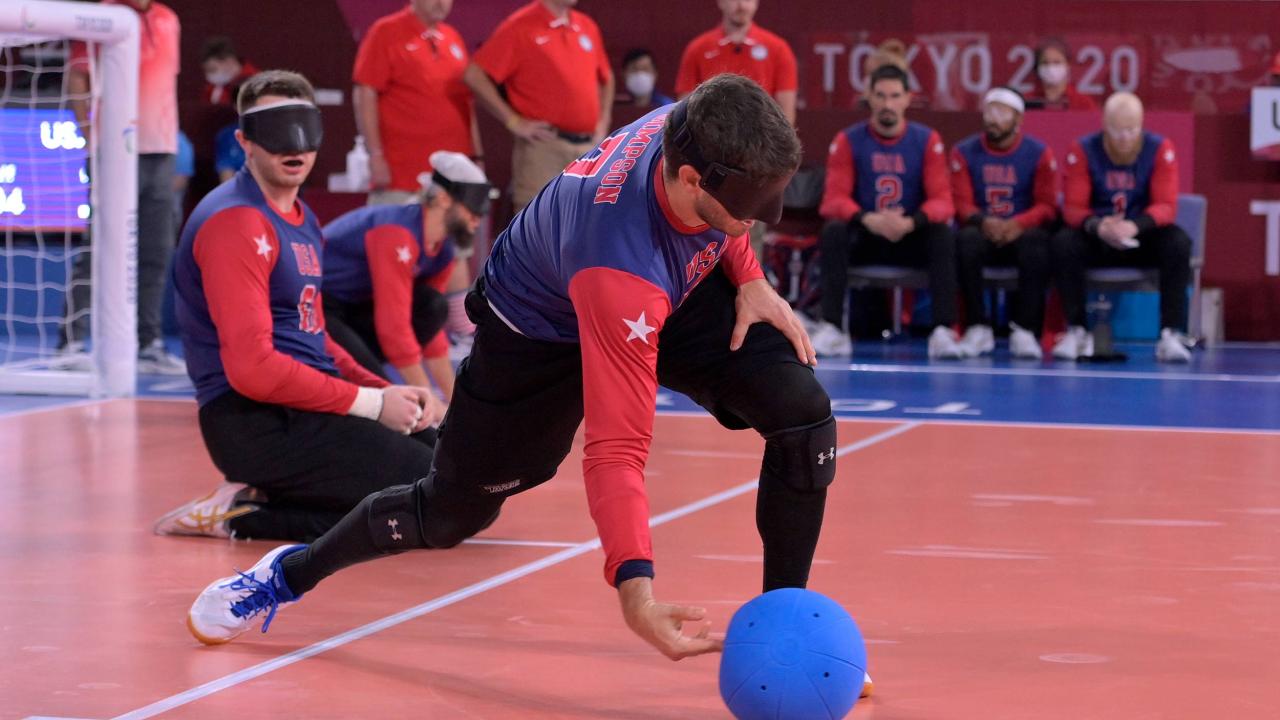 Candid photo of Matt Simpson, UVA School of Law alumnus, competing in the Paralympics as a U.S. Goalball player.