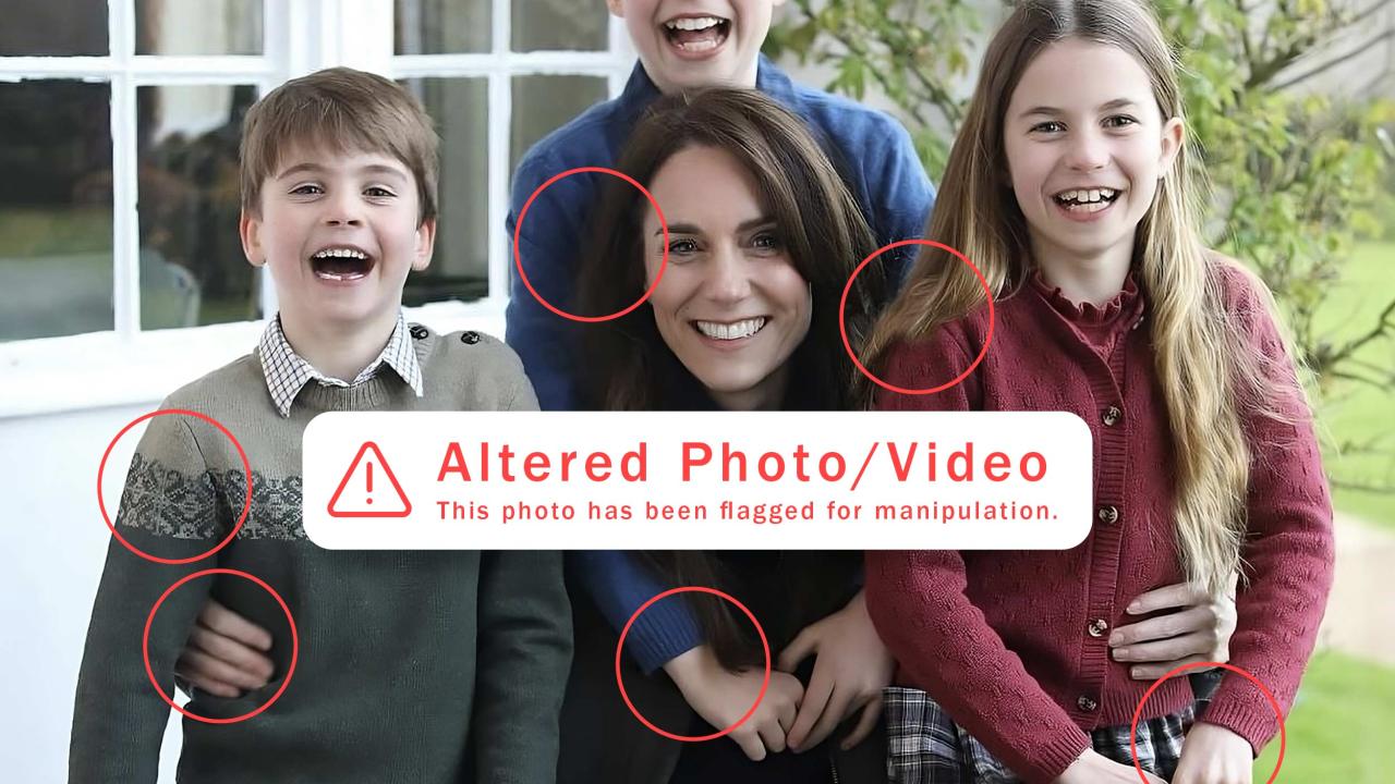 Altered photo of Kate Middleton with her children, red circles are over the image where it has been altered