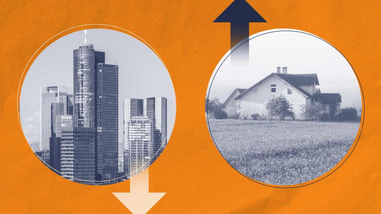 Illustration showing a rise in population in rural areas and a decline in cities