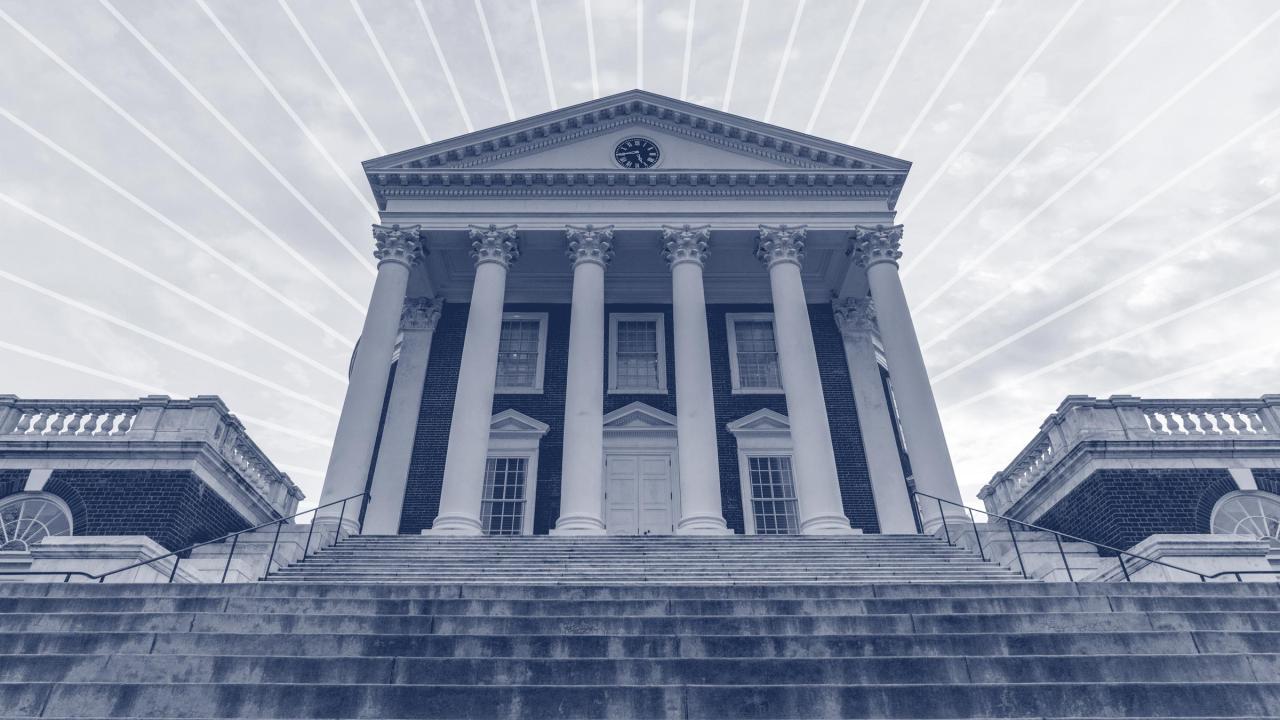 The UVA Rotunda colored in blue and white, with white lines radiating from behind