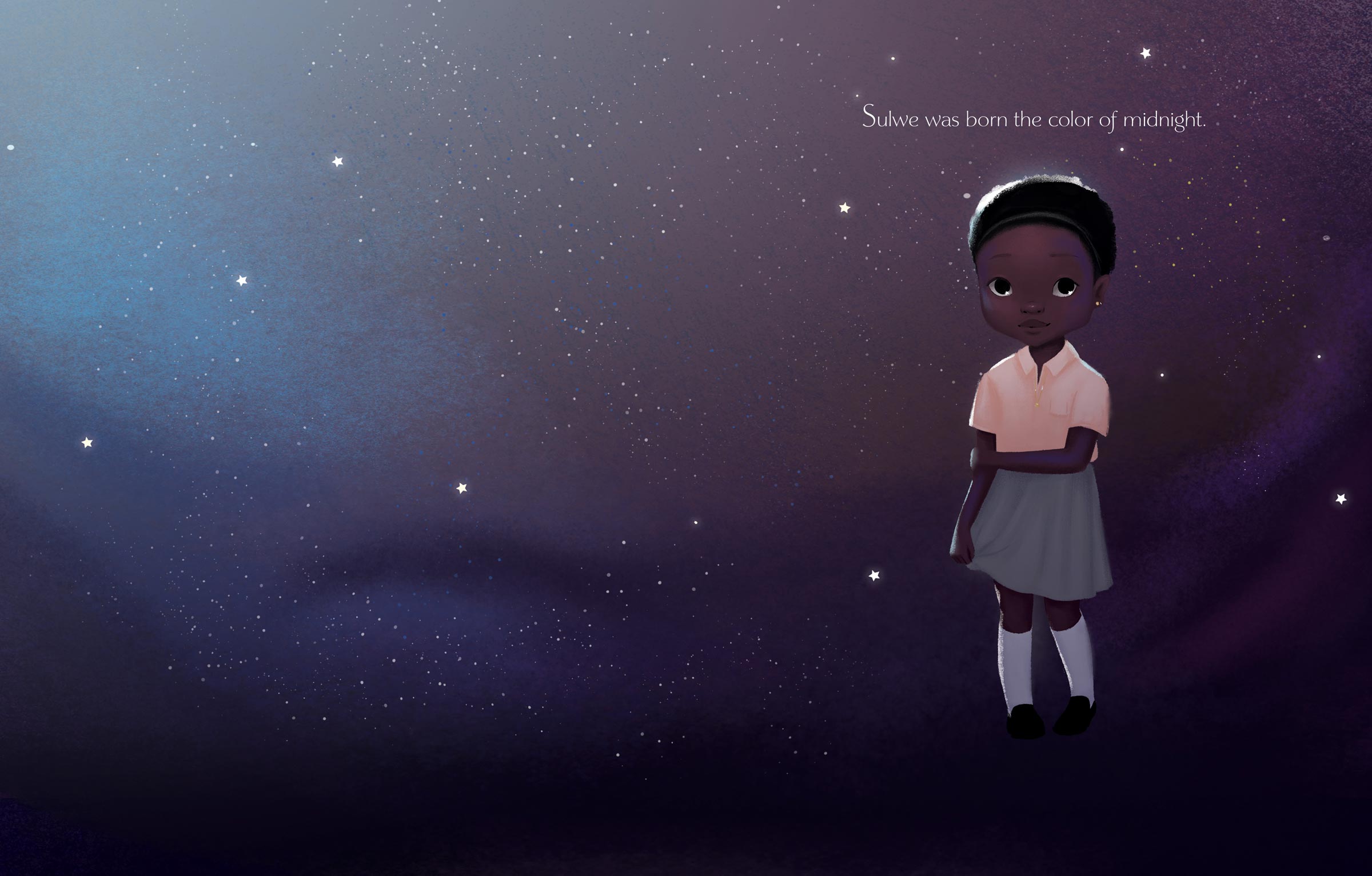 illustration of a night sky and a little girl named Sulwe.  Text reads: Sulwe was born the color of midnight