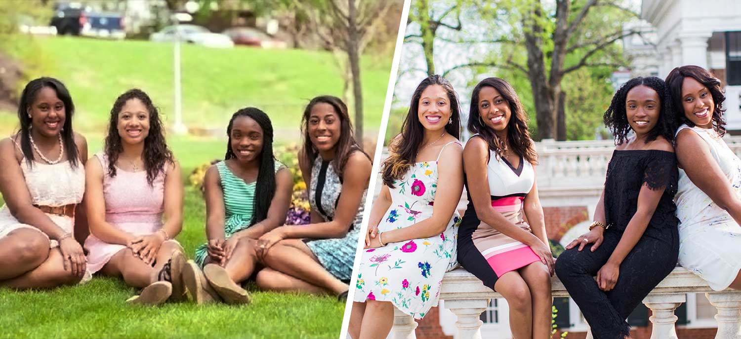 Students recreate a group picture from their first year.  In both pictures From left to right in their seated photo from their first year: Aubree Surrency, Alysse Dowdy, Shontell White and Alexis Jones.