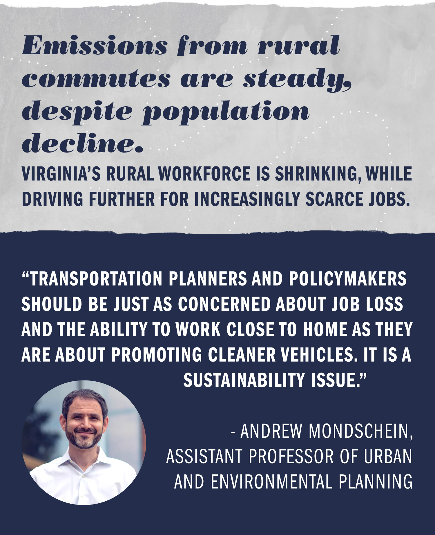 top text reads: Emissions from rural commutes are steady, despite population decline.  Virginia's rural workforce is shrinking, while driving further for increasingly scarce jobs.  Bottom Text Reads: Transportation planners and policymakers should be just as concerned about job loss and the ability to work close to home as they are about promoting cleaner vehicles.  It is a sustainability issue.