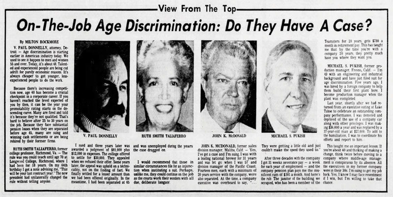 Newspaper clipping with headshots left to right: V. Paul Donnelly, Ruth Smith Tallaferro, John K. McDonald, and Michael S. Puksih