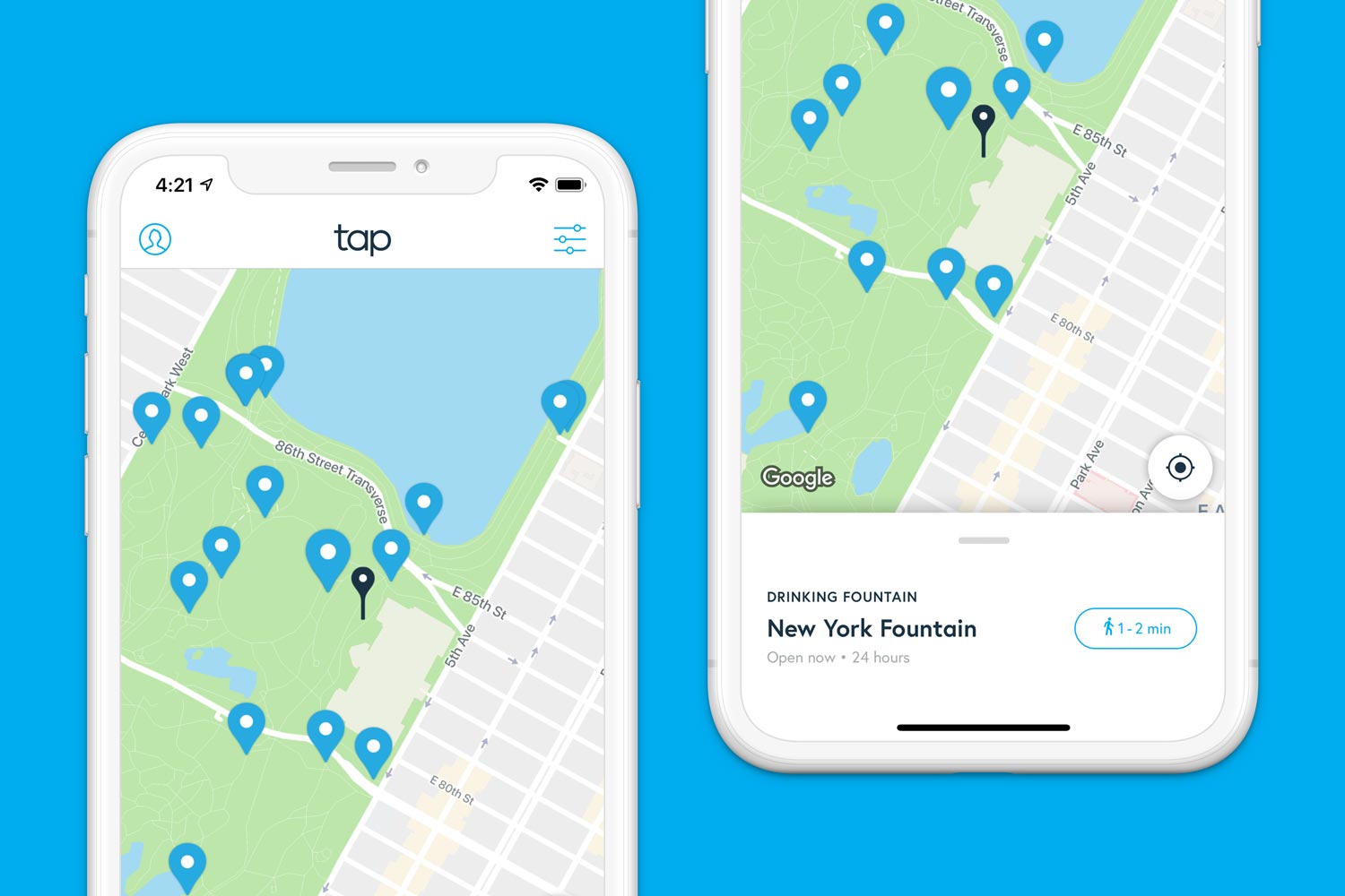 The Tap app on two phones showing blue location pins on a map