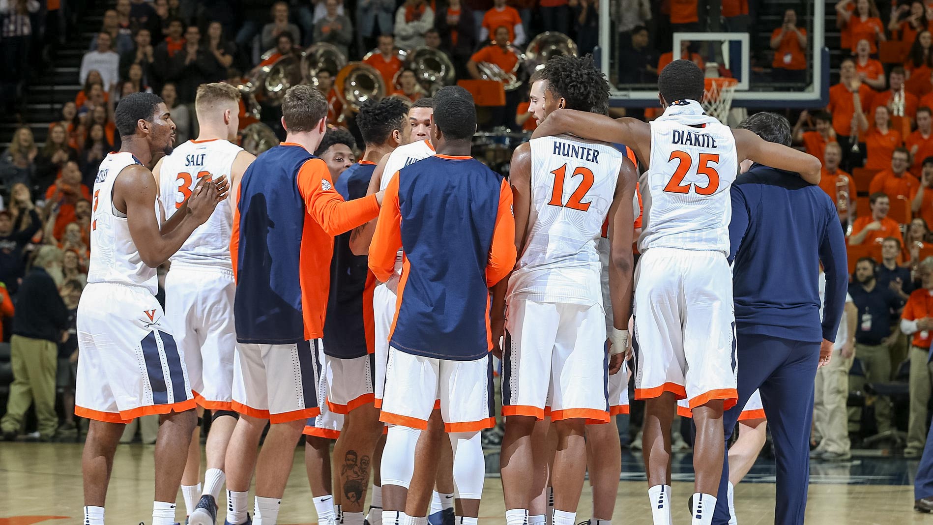 UVA basketball team huddled up on the court