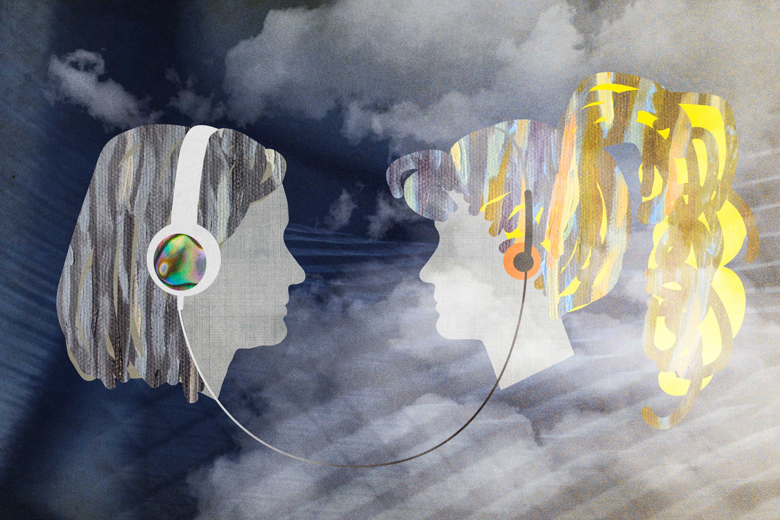 Illustration: background looks like clouds mostly on right side, profile of two women, both wearing over the head headphones and their head phone cord is connected together