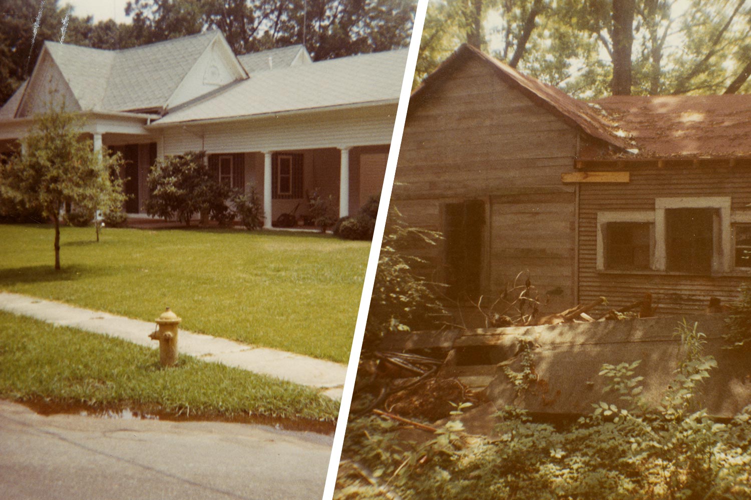 Left: One story home of Zeith Tupperfield in Edwards, Mississippi Right: the worn down one story home of Sam Jordan a black resident in Edwards