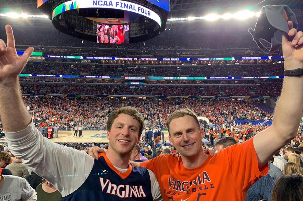 Troy and Miles Kirwin celebrate during the 2019 NCAA basketball championship